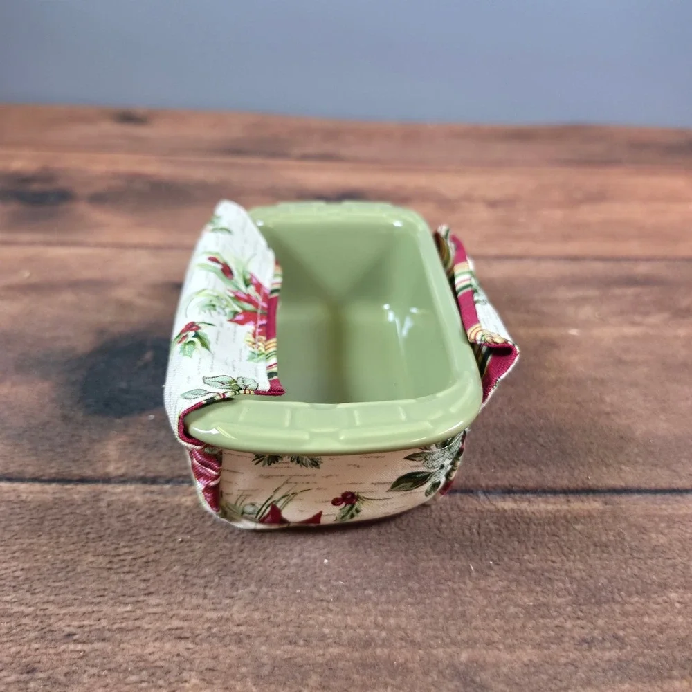Longaberger Small Loaf Dish Pottery Sage Green Excellent Holiday Fabric Cover